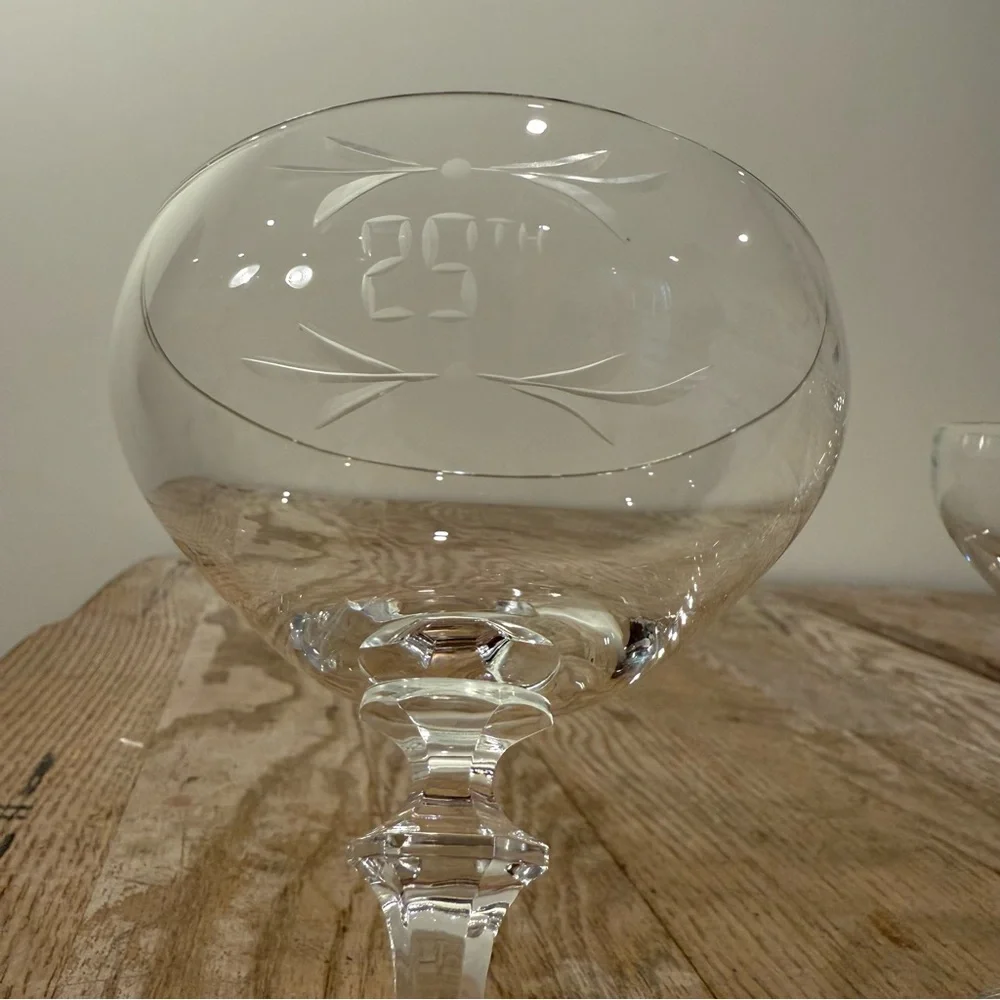 25th Vintage Etched Coupe Glasses Set of 2‎ Anniversary Birthday Celebration